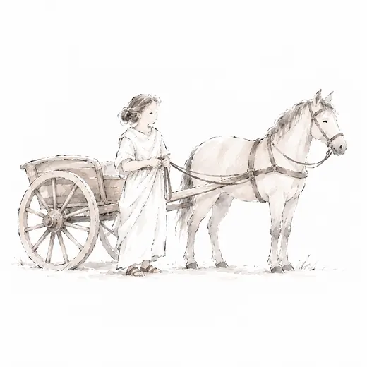 Una donna accanto a un cavallo che tira un carro a due ruote