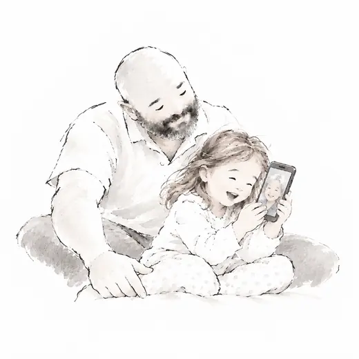 Una bambina ride guardando una videochiamata sul telefono
