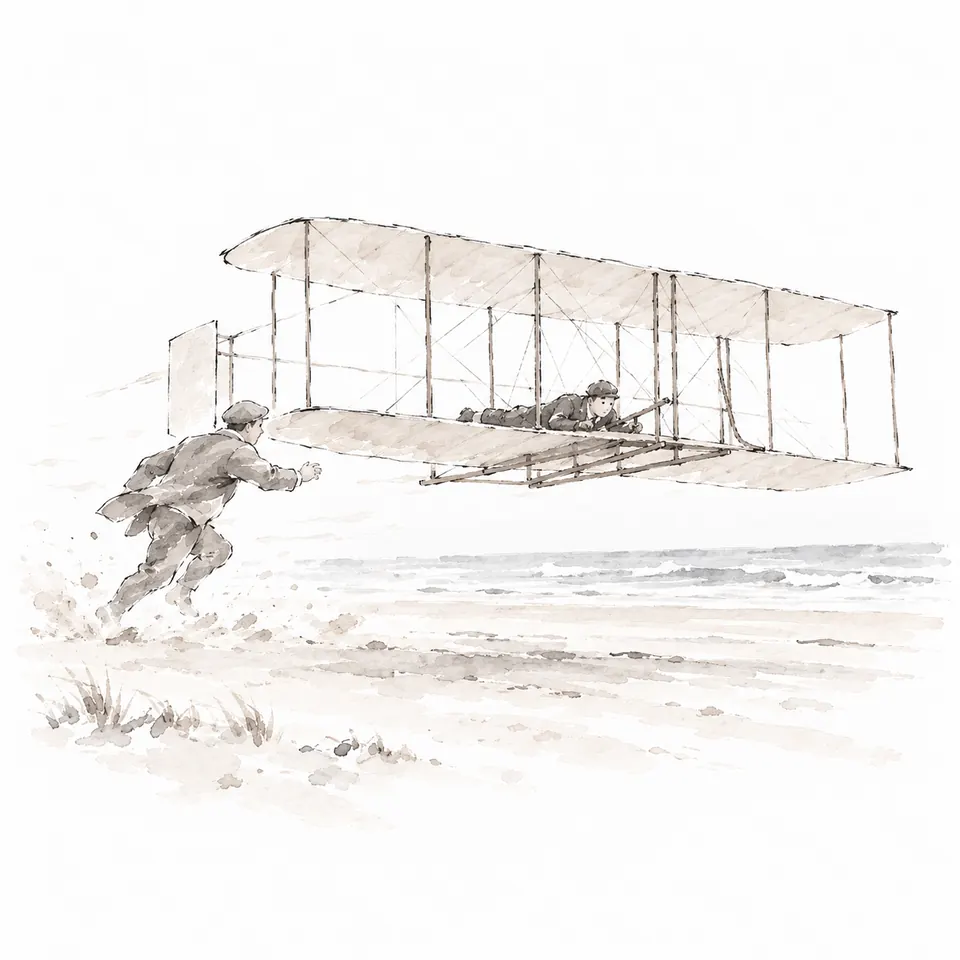 The Wright brothers' Flyer lifting off the beach at Kitty Hawk
