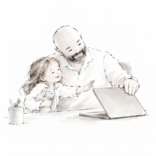 Un padre e una bambina davanti a un computer portatile