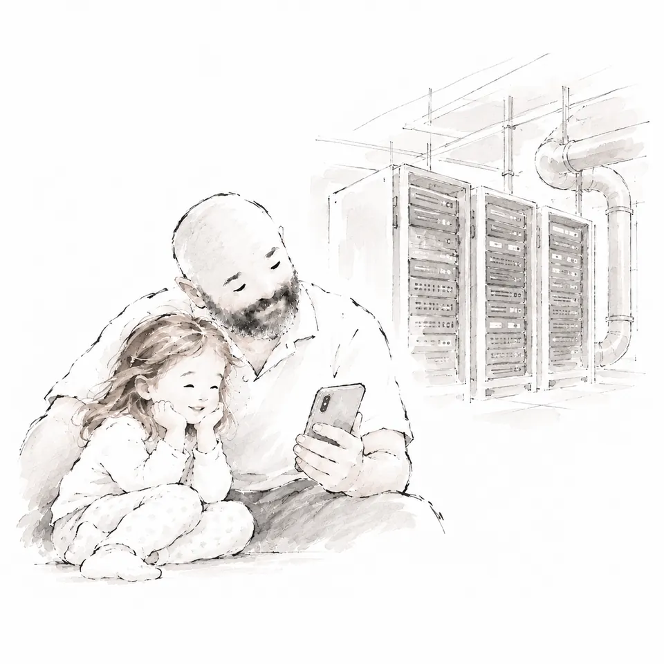Un padre e una bambina guardano il telefono; alle loro spalle, gli armadi di un data center